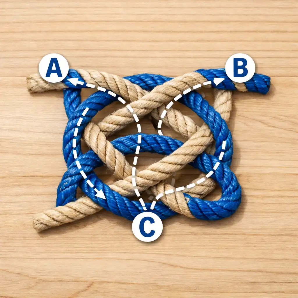 Analyse des Knotens mit markierten äußeren Kreuzungen A, B und C
